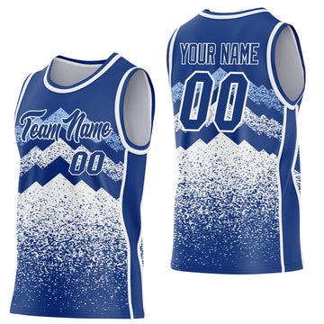 Custom Royal White-Light Blue Mountain Peak Shards Side Panel Stripe Round Neck Sublimation Basketball Set Jersey