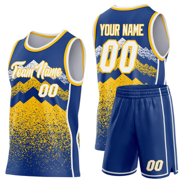 Custom Royal White-Gold Mountain Peak Shards Side Panel Stripe Round Neck Sublimation Basketball Set Jersey