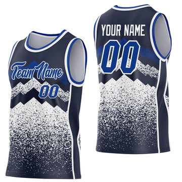 Custom Navy Royal-White Mountain Peak Shards Side Panel Stripe Round Neck Sublimation Basketball Set Jersey