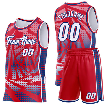 Custom Red White-Royal Lightning Gradient Dot Side Panel Stripe Round Neck Sublimation Basketball Set Jersey