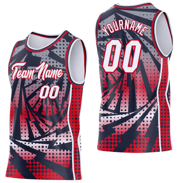 Custom Navy White-Red Lightning Gradient Dot Side Panel Stripe Round Neck Sublimation Basketball Set Jersey