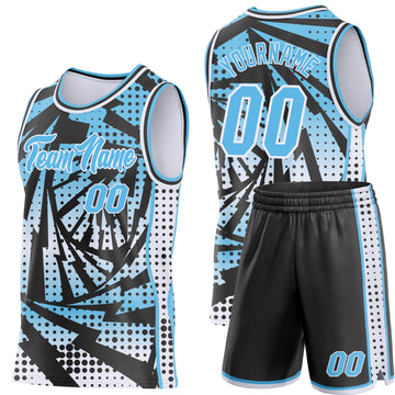 Custom Sky Blue Black-White Lightning Gradient Dot Side Panel Stripe Round Neck Sublimation Basketball Set Jersey