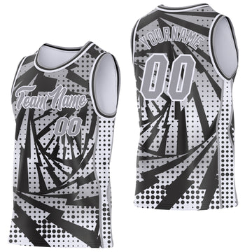 Custom Gray Black-White Lightning Gradient Dot Side Panel Stripe Round Neck Sublimation Basketball Set Jersey