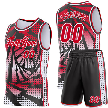 Custom Red Black-White Lightning Gradient Dot Side Panel Stripe Round Neck Sublimation Basketball Set Jersey