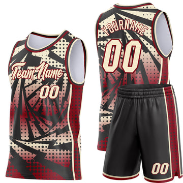 Custom Maroon Cream-Black Lightning Gradient Dot Side Panel Stripe Round Neck Sublimation Basketball Set Jersey
