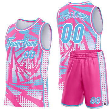 Custom Pink Sky Blue-White Lightning Gradient Dot Side Panel Stripe Round Neck Sublimation Basketball Set Jersey