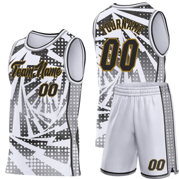 Custom White Black Gray-Old Gold Lightning Gradient Dot Side Panel Stripe Round Neck Sublimation Basketball Set Jersey