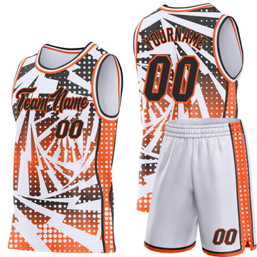 Custom White Black-Orange Lightning Gradient Dot Side Panel Stripe Round Neck Sublimation Basketball Set Jersey