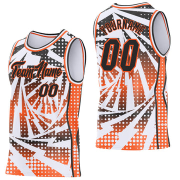 Custom White Black-Orange Lightning Gradient Dot Side Panel Stripe Round Neck Sublimation Basketball Set Jersey
