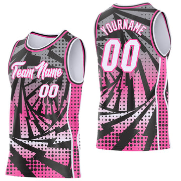 Custom Black White-Pink Lightning Gradient Dot Side Panel Stripe Round Neck Sublimation Basketball Set Jersey