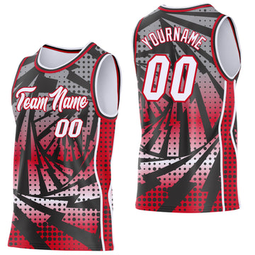 Custom Black White-Red Lightning Gradient Dot Side Panel Stripe Round Neck Sublimation Basketball Set Jersey