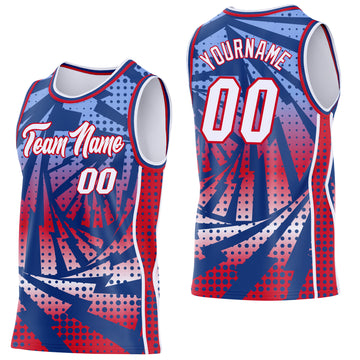 Custom Royal White-Red Lightning Gradient Dot Side Panel Stripe Round Neck Sublimation Basketball Set Jersey