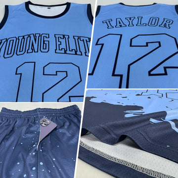 Custom Light Blue Navy Color Splash Round Neck Sublimation Basketball Suit Jersey