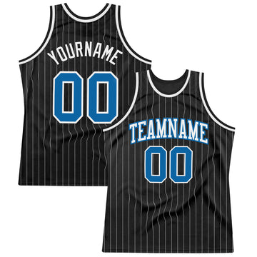 Custom Black White Pinstripe Blue Authentic  Basketball Jersey