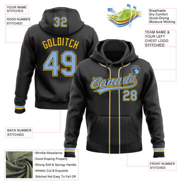Custom Stitched Black Light Blue-Yellow Baseball Pullover Sweatshirt Hoodie