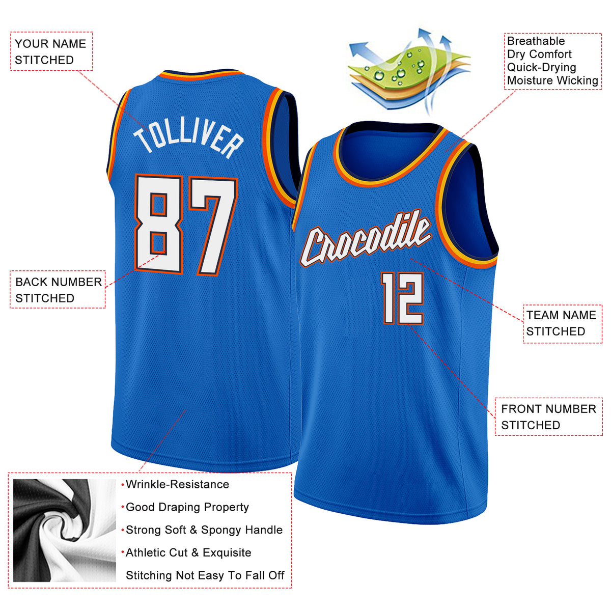 Custom Team Orange Basketball Blue Rib-Knit Jersey White
