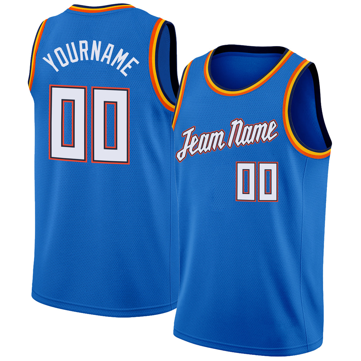 Custom Team Orange Basketball Blue Rib-Knit Jersey White