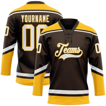 Custom Brown White-Gold Hockey Lace Neck Jersey