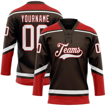 Custom Brown White-Red Hockey Lace Neck Jersey