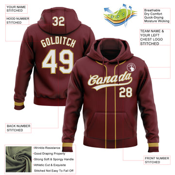 Custom Stitched Burgundy White-Old Gold Baseball Pullover Sweatshirt Hoodie