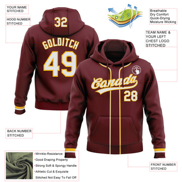 Custom Stitched Burgundy White-Gold Baseball Pullover Sweatshirt Hoodie