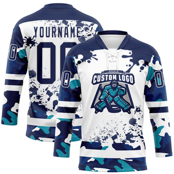 Custom Camo Navy-White Splash Hockey Lace Neck Jersey