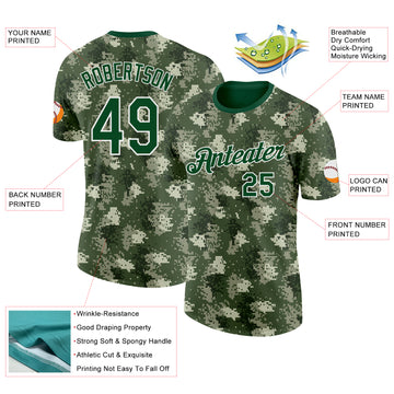 Custom Camo Green-White Woodland Forest Digital Camouflage Pixel Salute To Service Performance T-Shirt