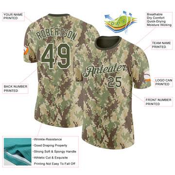 Custom Camo Olive-White Woodland Forest Digital Camouflage Pixel Salute To Service Performance T-Shirt