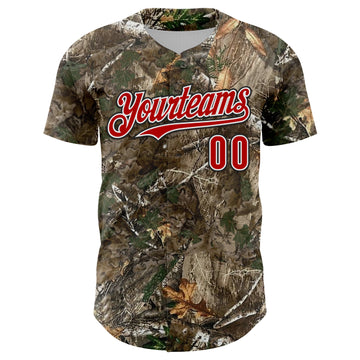 Custom Camo Red White-Black Woodland Forest Camouflage Authentic Salute To Service Baseball Jersey