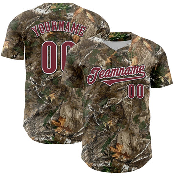 Custom Camo Burgundy White-Black Woodland Forest Camouflage Authentic Salute To Service Baseball Jersey