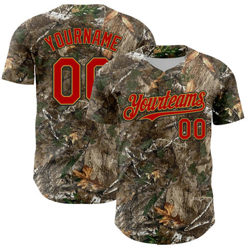 Custom Camo Red Old Gold-Black Woodland Forest Camouflage Authentic Salute To Service Baseball Jersey