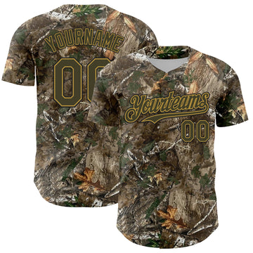 Custom Camo Olive Old Gold-Black Woodland Forest Camouflage Authentic Salute To Service Baseball Jersey