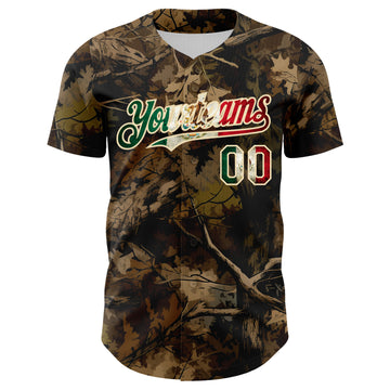 Custom Camo Vintage Mexican Flag Cream-Red Woodland Forest Tactical Camouflage Outdoor Leaf Authentic Baseball Jersey