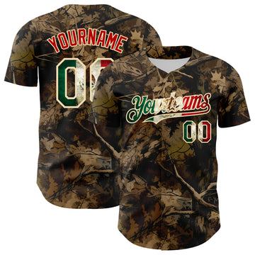 Custom Camo Vintage Mexican Flag Cream-Red Woodland Forest Tactical Camouflage Outdoor Leaf Authentic Baseball Jersey