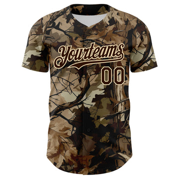 Custom Camo Brown-Cream Woodland Forest Tactical Camouflage Outdoor Leaf Authentic Baseball Jersey