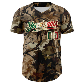 Custom Camo Vintage Mexican Flag Cream-Red Woodland Forest Tactical Camouflage Outdoor Leaf Authentic Baseball Jersey