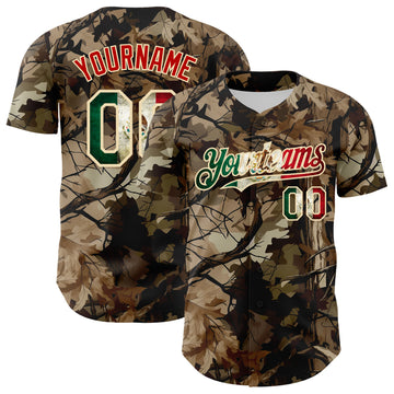 Custom Camo Vintage Mexican Flag Cream-Red Woodland Forest Tactical Camouflage Outdoor Leaf Authentic Baseball Jersey