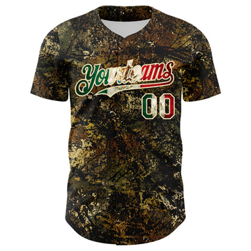 Custom Camo Vintage Mexican Flag Cream-Black Woodland Forest Tactical Camouflage Outdoor Leaf Authentic Baseball Jersey