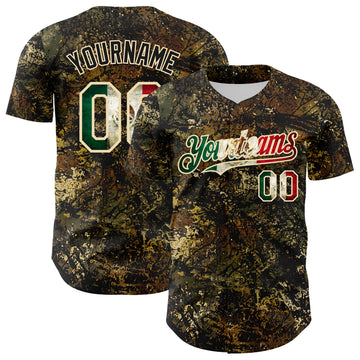 Custom Camo Vintage Mexican Flag Cream-Black Woodland Forest Tactical Camouflage Outdoor Leaf Authentic Baseball Jersey