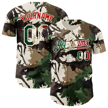 Custom Camo Vintage Mexican Flag Cream-Red Woodland Forest Tactical Camouflage Outdoor Leaf Authentic Baseball Jersey