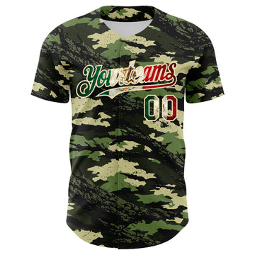 Custom Camo Vintage Mexican Flag Cream-Red Woodland Forest Tactical Camouflage Outdoor Leaf Authentic Baseball Jersey