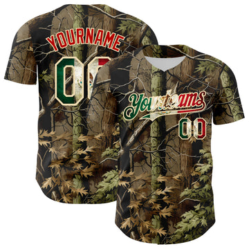 Custom Camo Vintage Mexican Flag Cream-Red Woodland Forest Tactical Camouflage Outdoor Leaf Authentic Baseball Jersey