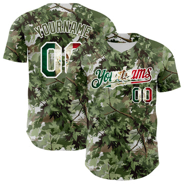Custom Camo Vintage Mexican Flag White-Olive Woodland Forest Tactical Camouflage Outdoor Leaf Authentic Baseball Jersey