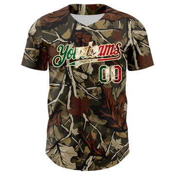 Custom Camo Vintage Mexican Flag Cream-Red Woodland Forest Tactical Camouflage Outdoor Leaf Authentic Baseball Jersey