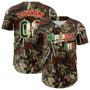 Custom Camo Vintage Mexican Flag Cream-Red Woodland Forest Tactical Camouflage Outdoor Leaf Authentic Baseball Jersey