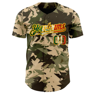 Custom Camo Vintage Mexican Flag Cream Gold-Olive Woodland Geometric Camouflage Authentic Baseball Jersey
