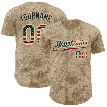Custom Camo Vintage USA Flag Cream-Black Geometric Camouflage Authentic Baseball Jersey