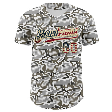 Custom Camo Vintage USA Flag Cream-Black Digital Camouflage Authentic Baseball Jersey