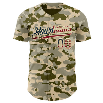 Custom Camo Vintage USA Flag Cream-Black Digital Camouflage Authentic Baseball Jersey