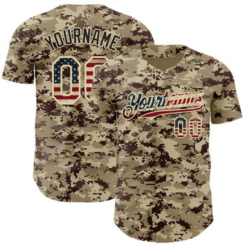 Custom Camo Vintage USA Flag Cream-Black Digital Camouflage Authentic Baseball Jersey